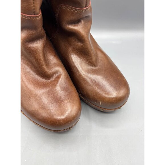UGG Womens Boots 7 Lynnea Brown Leather Mid Calf Heeled Clog Boots - Picture 3 of 10